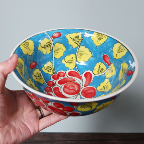 Vivid どんぶり鉢 ブルー バッチャン焼き ベトナム食器 手描き 花柄 丼