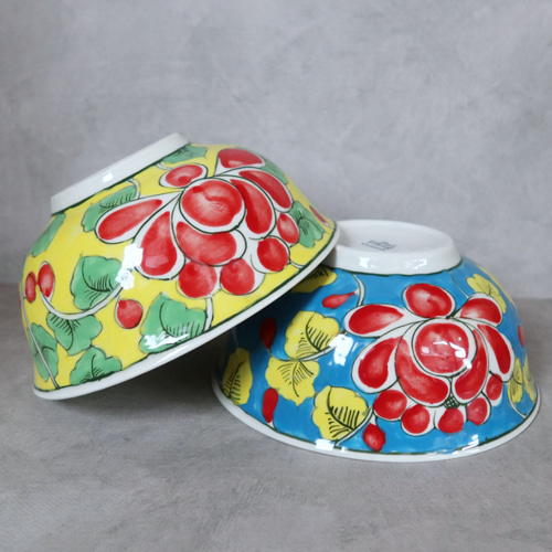 Vivid どんぶり鉢 ブルー バッチャン焼き ベトナム食器 手描き 花柄 丼