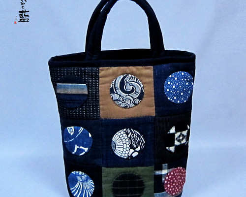 トートバッグ 丸のアップリケ 古布 藍木綿 型染 s2263 ハンドバッグ