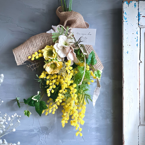 陽春〜ミモザとアネモネのスワッグ〜 ミモザとアネモネのナチュラルスワッグ アーティフィシャルフラワー