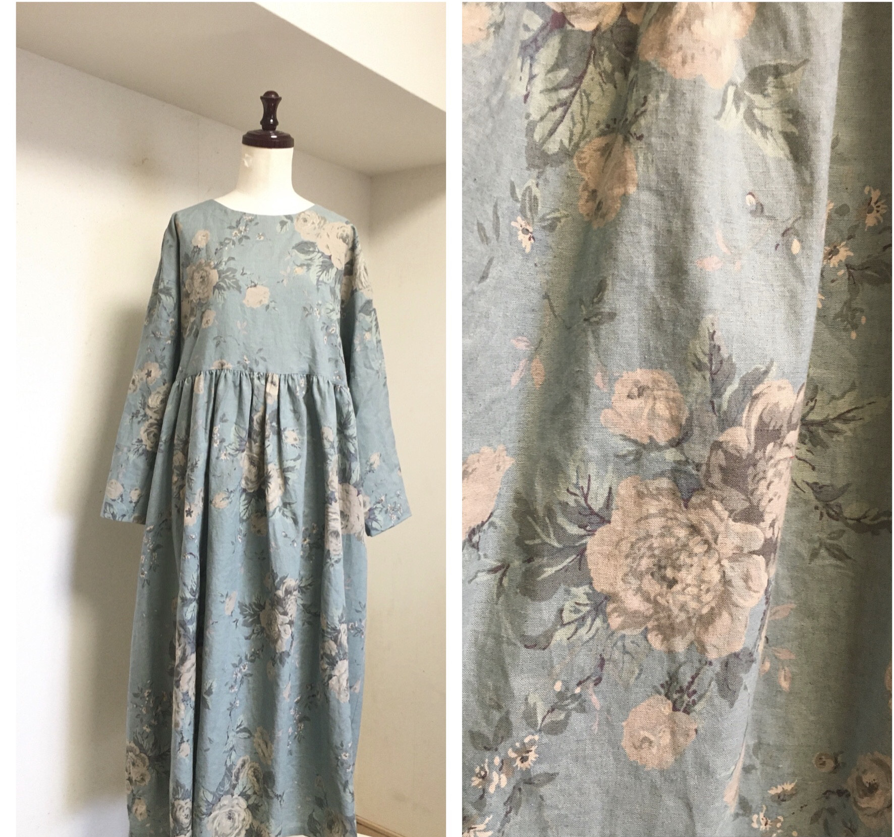 綿麻シーチング(パウダーブルー)・薔薇柄:ギャザーワンピース