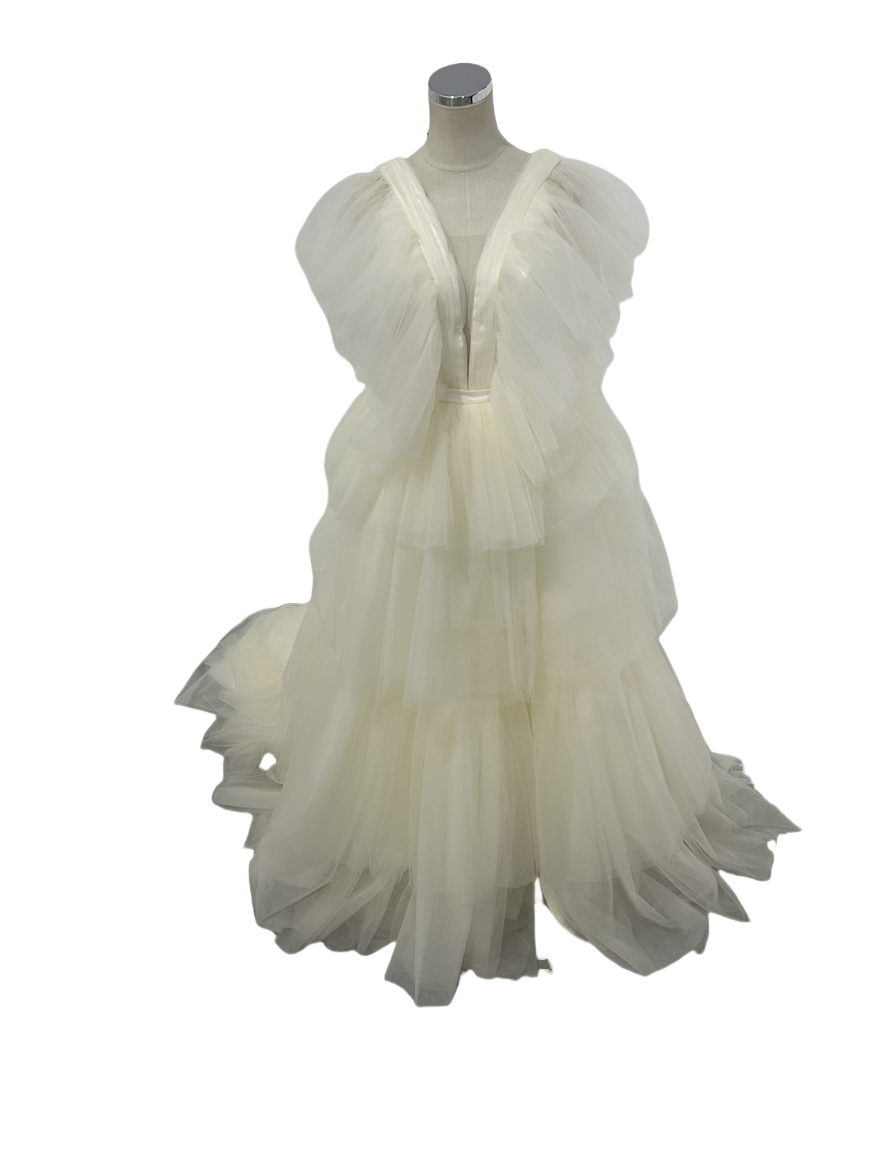 ウェディングドレス 柔らかく重ねたチュールスカート Vネック フロントスリット フリル袖