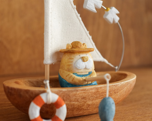 猫 のお魚釣り】 北欧 インテリア 木製 木彫り 置物 北欧雑貨 動物