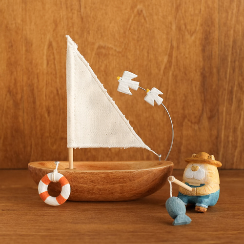 猫 のお魚釣り】 北欧 インテリア 木製 木彫り 置物 北欧雑貨 動物