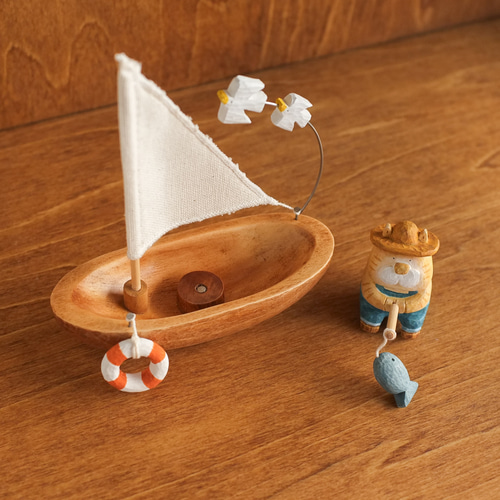 猫 のお魚釣り】 北欧 インテリア 木製 木彫り 置物 北欧雑貨 動物