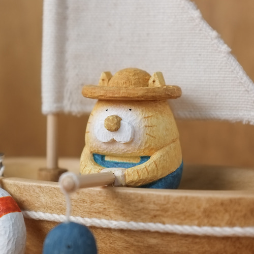 猫 のお魚釣り】 北欧 インテリア 木製 木彫り 置物 北欧雑貨 動物