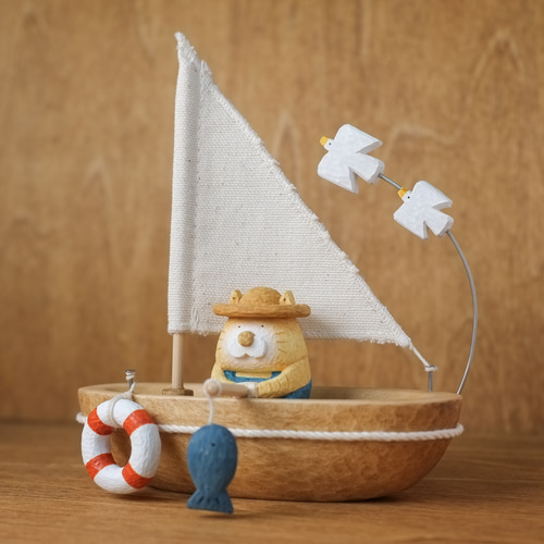 猫 のお魚釣り】 北欧 インテリア 木製 木彫り 置物 北欧雑貨 動物