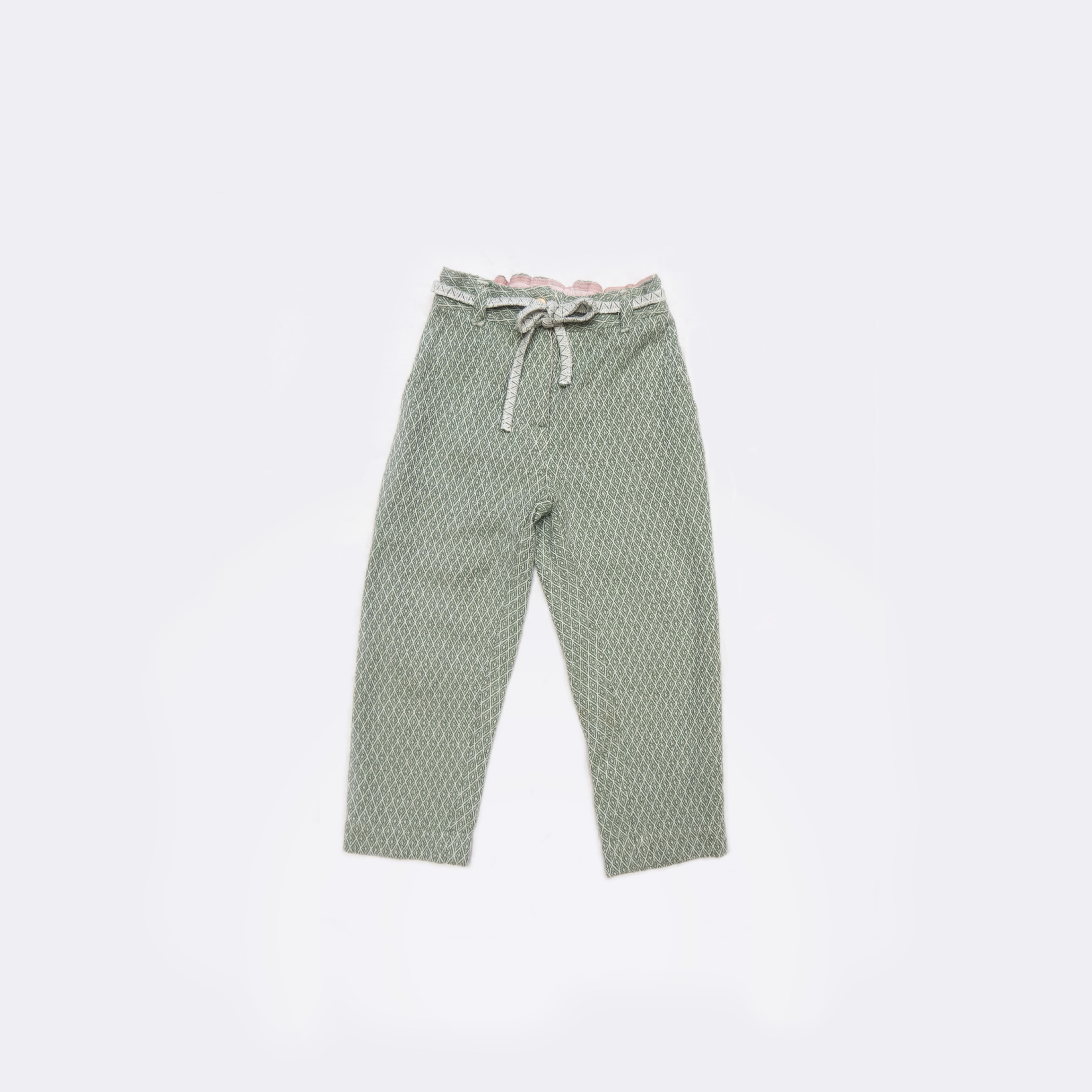 グリーンxホワイト、イタリア製ハーレクイン柄、縄文柄（ひし模様）アンティークコットン、ワイドKIDSパンツ（1才用）