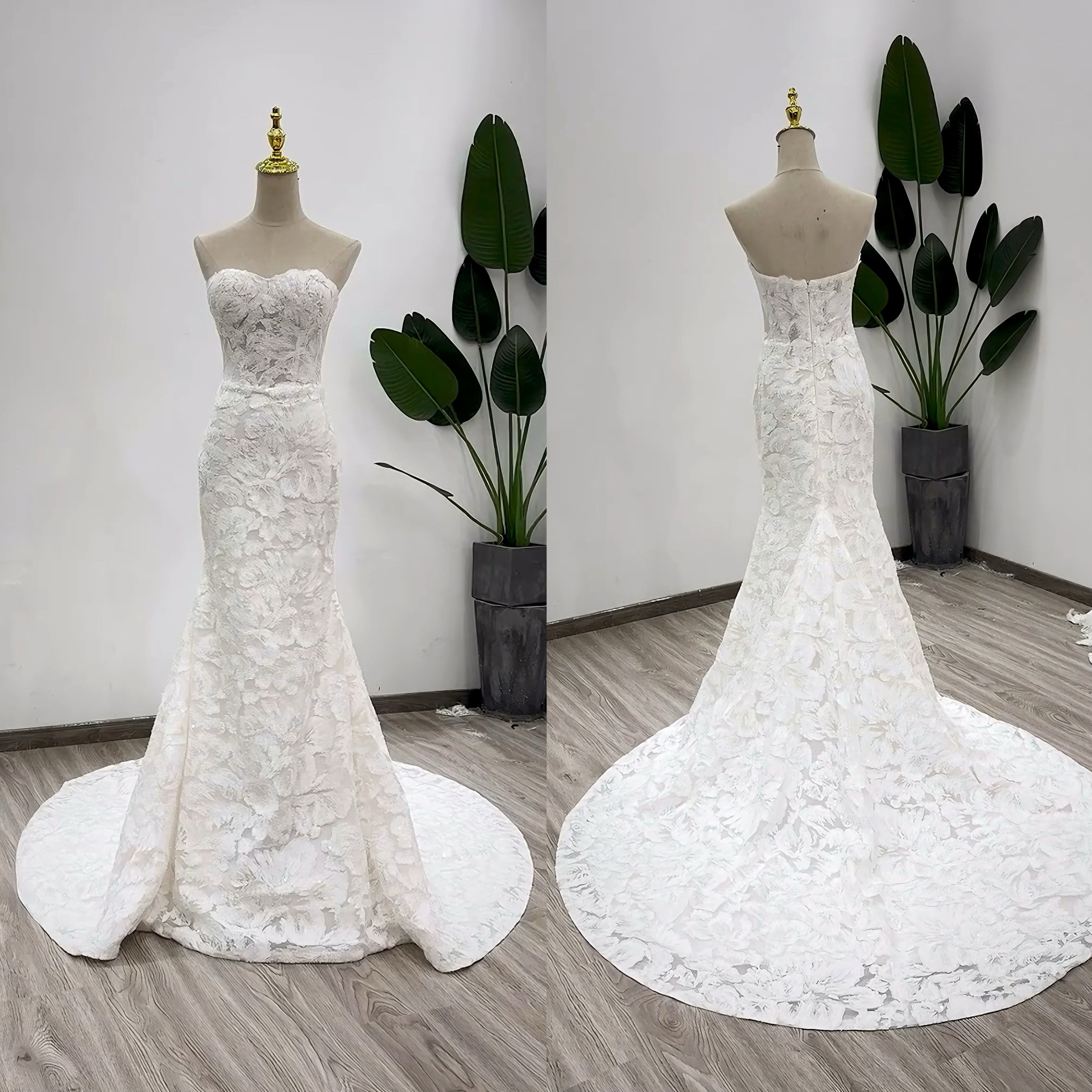 上質なドレス　花柄レース　ビスチェライン　ホワイト　トレーン　華やかなウェディングドレス　ファスナー　サイズオーダー可能 47,916円