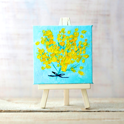 原画】ミモザの花束 キャンバス 絵画 ましかく 10cm角 送料無料