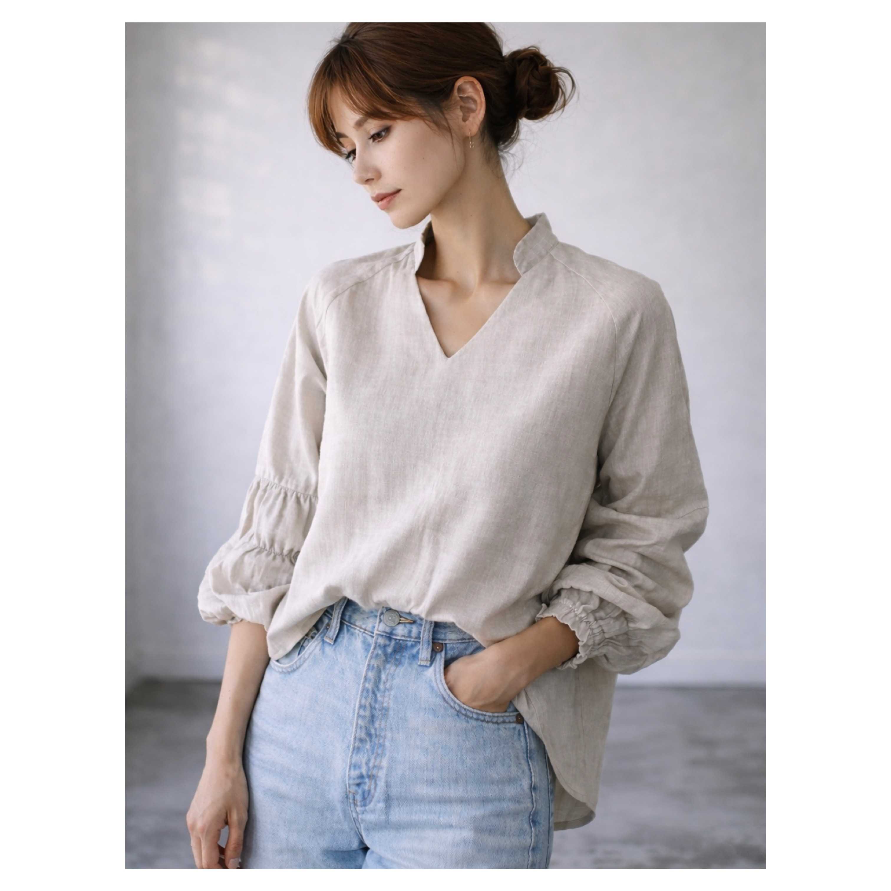 ヨーロッパリネンブラウス／ベラルーシリネンギャザーバルーンスリーブデザインブラウス／ボリューム袖／生成り