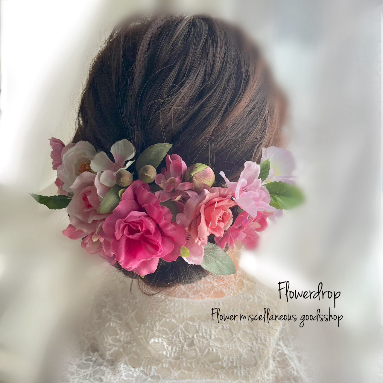 結婚式 成人式 卒業式 前撮りにピンクローズとオリーブのヘッドドレス