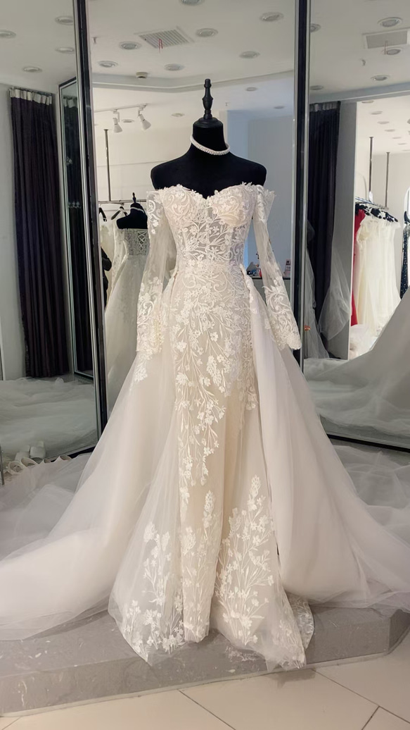 2waysウエディングドレス 花嫁 ケープトレーン 長袖 マーメイド 総