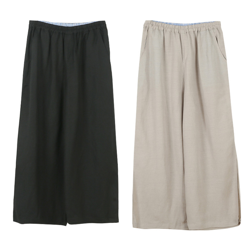 9分丈リネン混紡ワイドパンツ　ゴムウエスト綿麻ワイドパンツ　裾にスリット　ベージュとブラック2色　FとBFサイズL541 4,760円