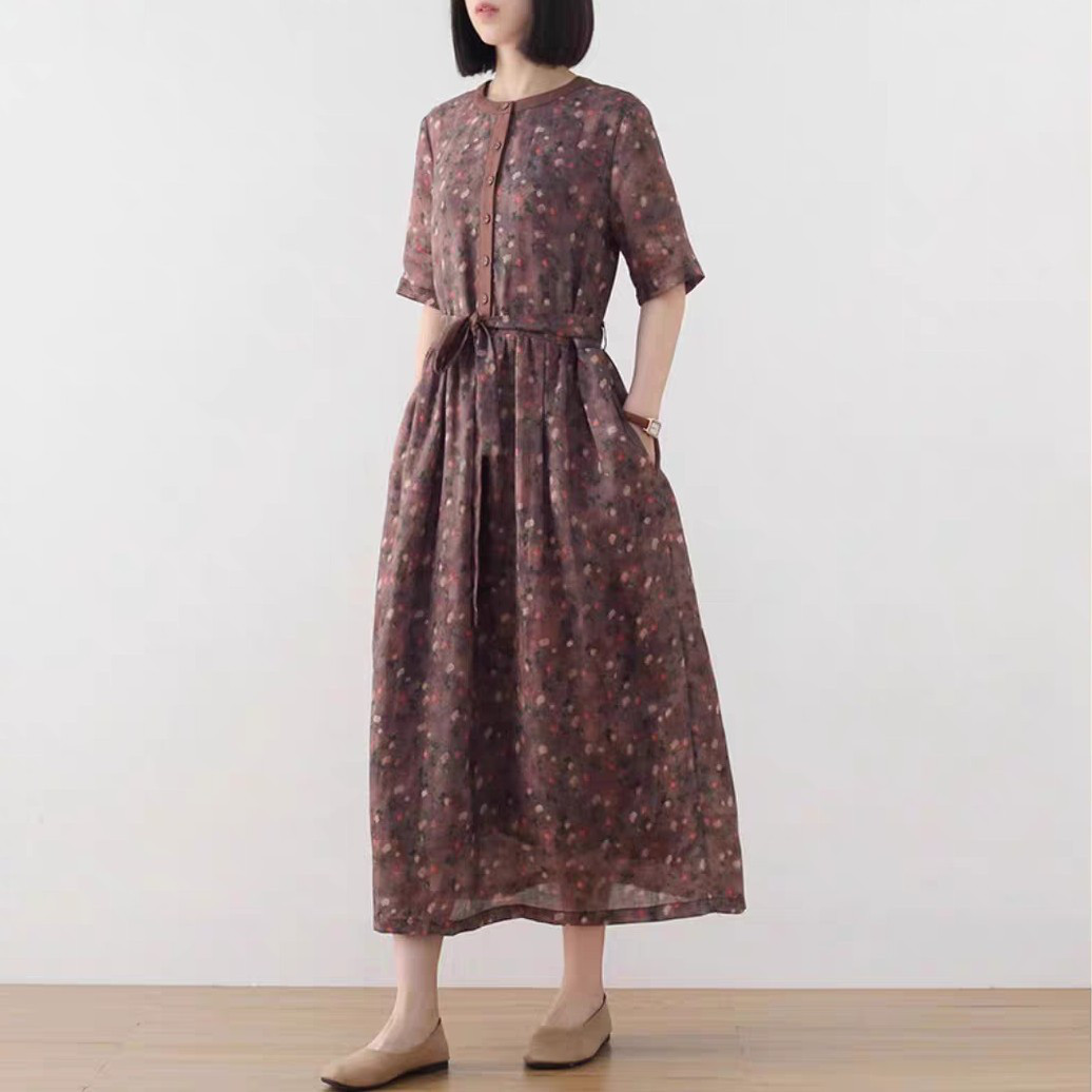 儚げな花柄プリントと涼感ラミーリネンが融合♪アンティークワンピース