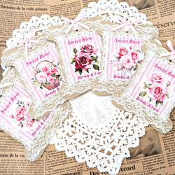 糸巻き台紙〜薔薇とレース〜 春色ピンクローズの花言葉入りレースの糸巻き台紙セット タグ・台紙