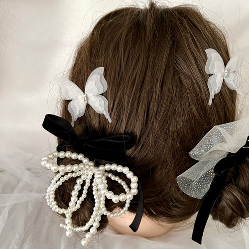 送料無料》⌘ベルベットリボン×パール×蝶々の髪飾り⌘卒業式 和装 成人