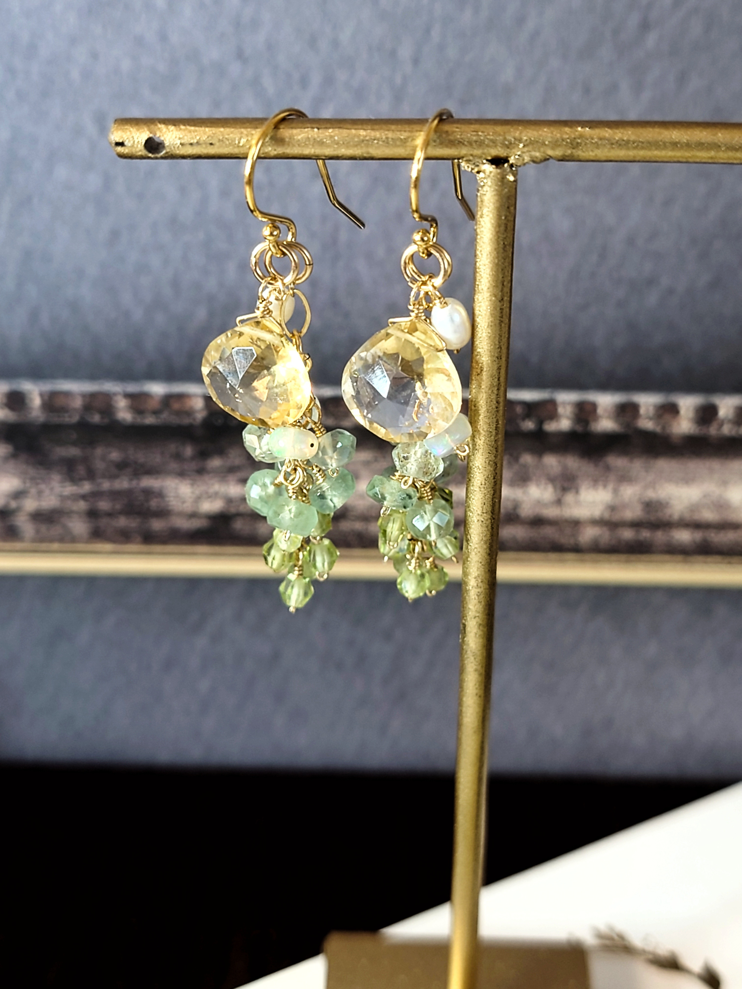 14Kgf【2WAY】ミモザ香るシトリンピアス（イヤリング変更可能）