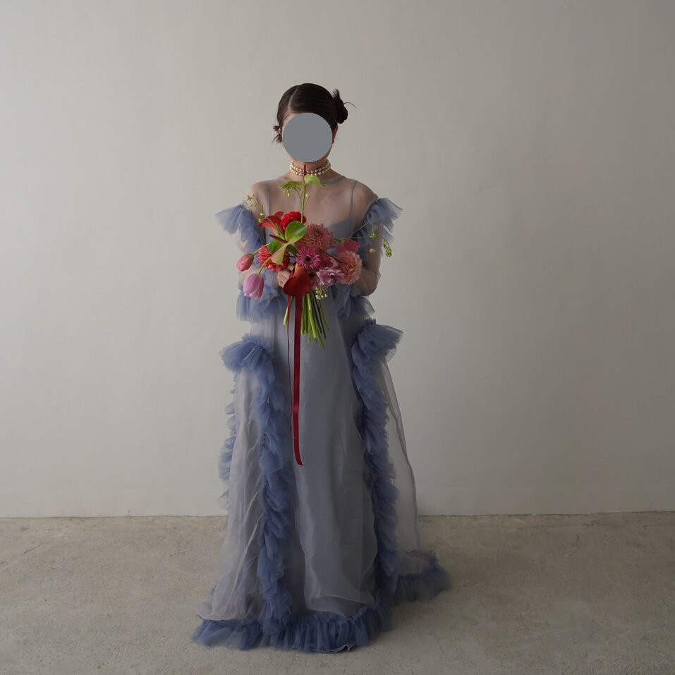 送料無料！ツーピース キャミソール ロングトレーン 爽やかで優しいブルー オーガンジー 前撮り 妊婦