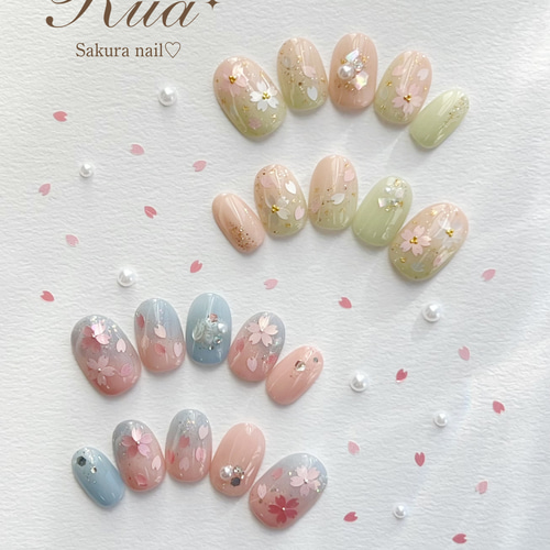 オーダー水光桜 桜ホロネイル ピンク ネイルチップ 春ネイル