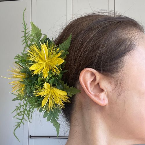 黄色レフアの人気髪飾りクリップ。フラダンス、ハワイ島 ヘアクリップ