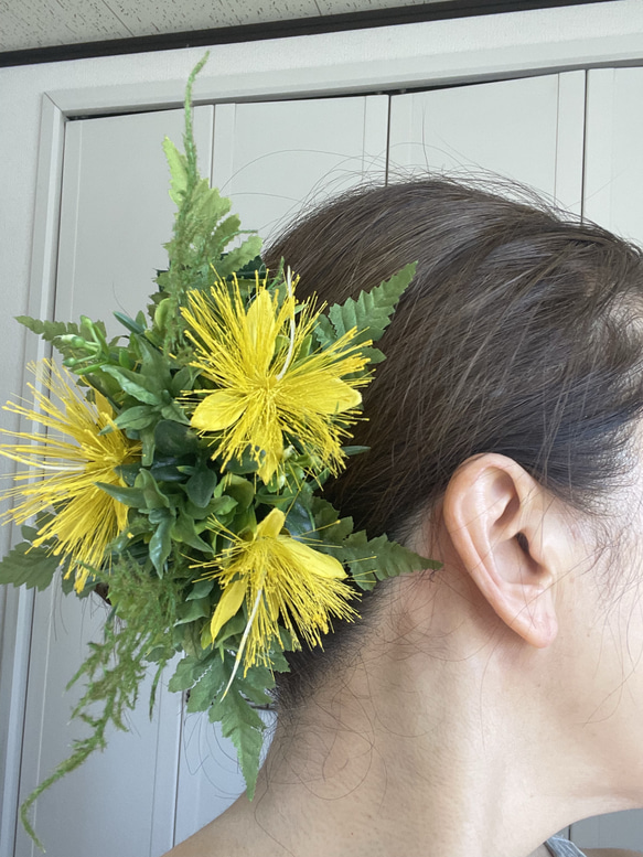 黄色レフアの人気髪飾りクリップ。フラダンス、ハワイ島 ヘアクリップ