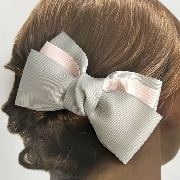 グレー×ピンクのバレッタ リボン 爽やか 春 ふんわり リボン 幅広 ヘアアクセ ポニーテール bv16 バレッタ hana-no-ho 通販 ...