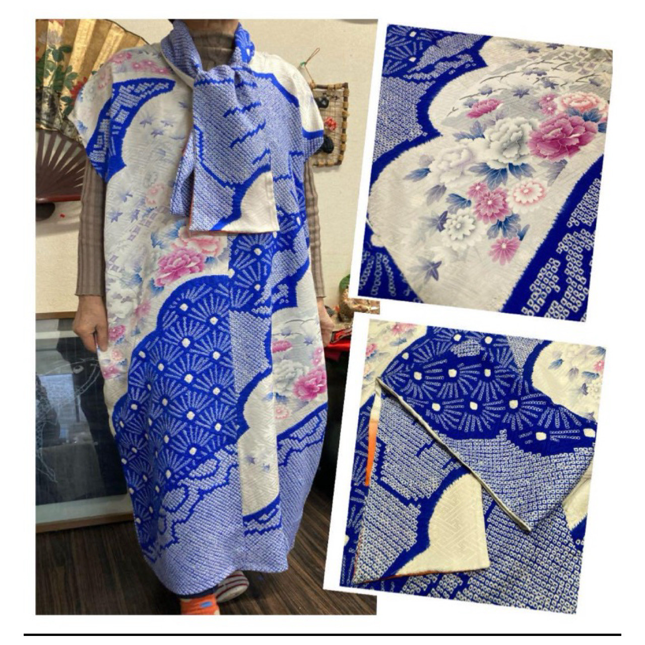 振袖総絞り(青系)のチュニック(ストール付き) 着物リメイク