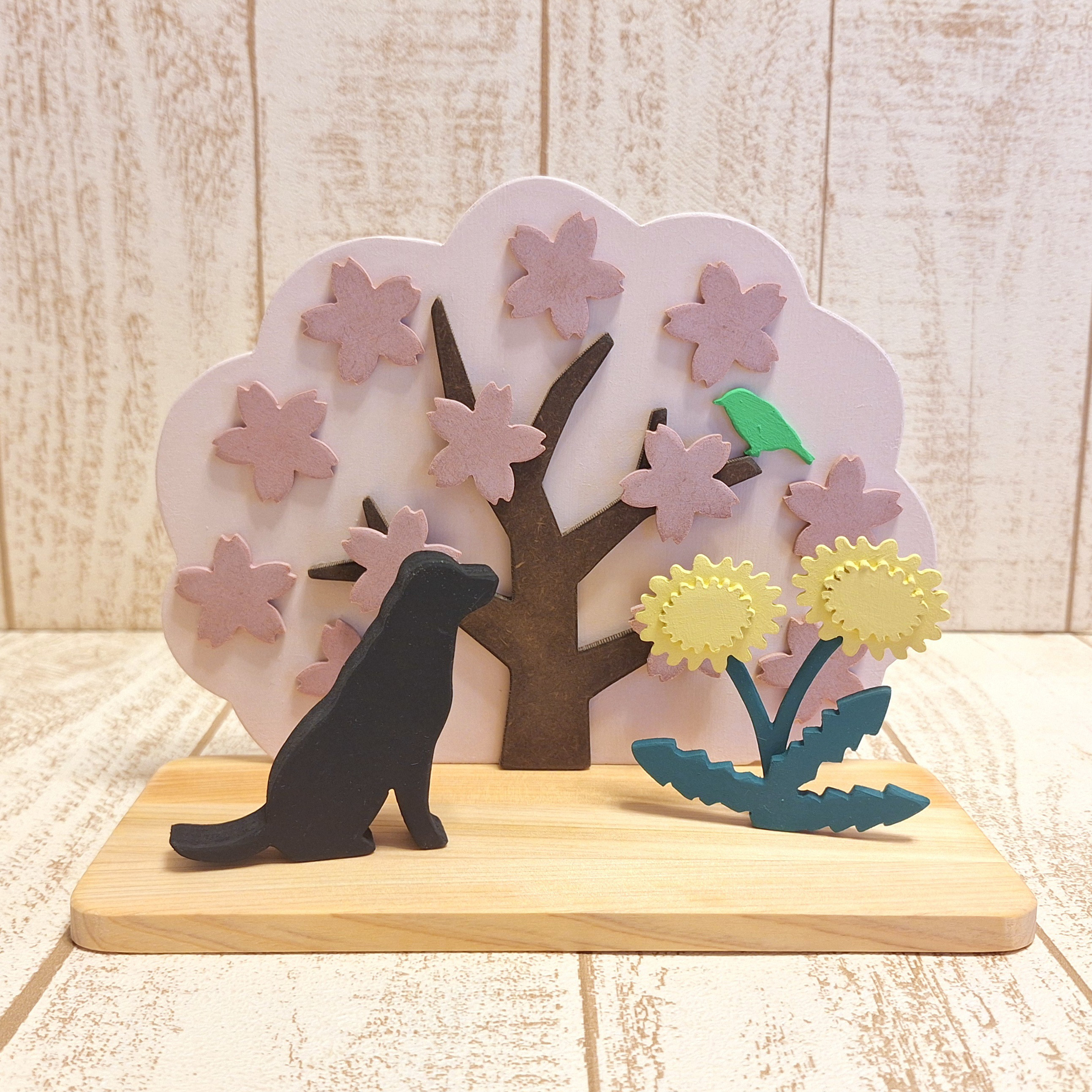 受注制作☆動物の変更も色変更も可能！☆春☆桜とラブラドールレトリバーの置物☆たんぽぽ☆お花見