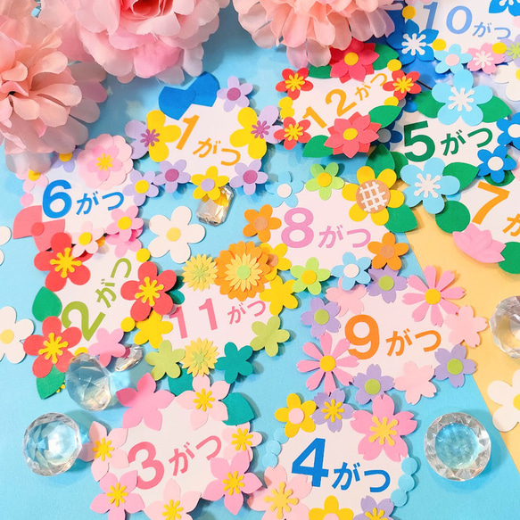 ラミネート可 タイトル 12か月 画用紙 壁面 アルバム 飾り パーツ 花