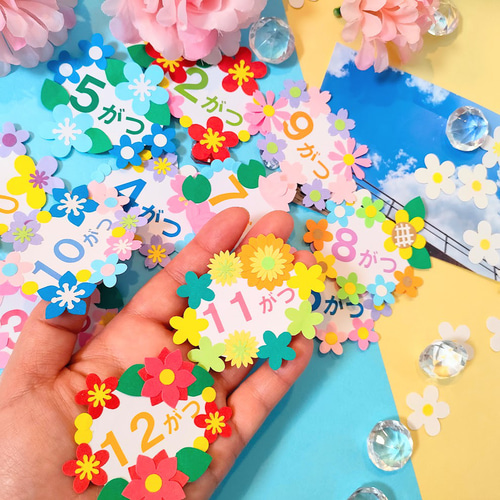 ラミネート可 タイトル 12か月 画用紙 壁面 アルバム 飾り パーツ 花