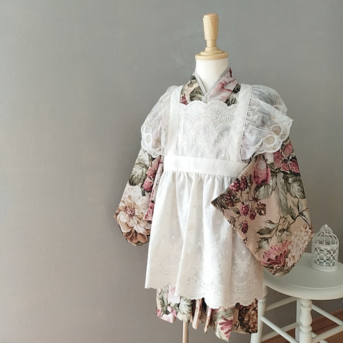 七五三 3歳 女の子 着物＆被布エプロンセット 朱色和柄×レッド