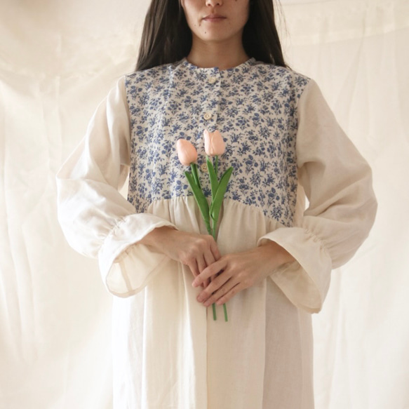 アンティーク調フランスブルー 冬の国産ダブルガーゼ ネグリジェ