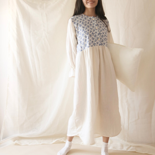 アンティーク調フランスブルー 冬の国産ダブルガーゼ ネグリジェ