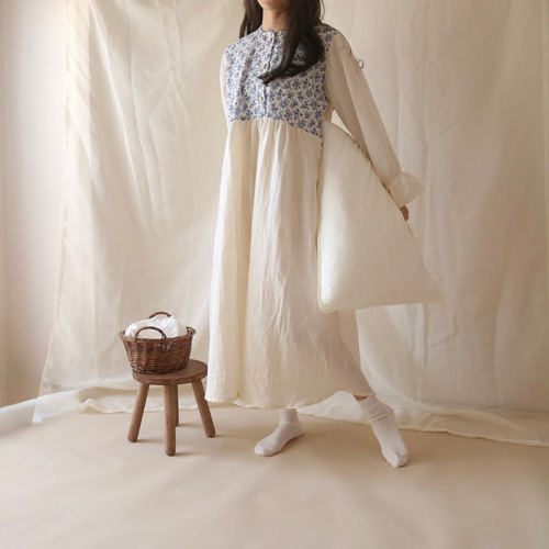 アンティーク調フランスブルー 冬の国産ダブルガーゼ ネグリジェ