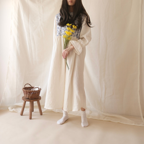 アンティーク調フランスブルー 冬の国産ダブルガーゼ ネグリジェ