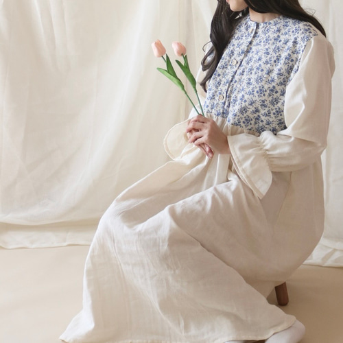 アンティーク調フランスブルー 冬の国産ダブルガーゼ ネグリジェ