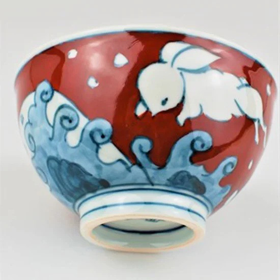 古赤絵 波兎文様 丸茶碗（小）（赤）【陶祥窯・有田焼】