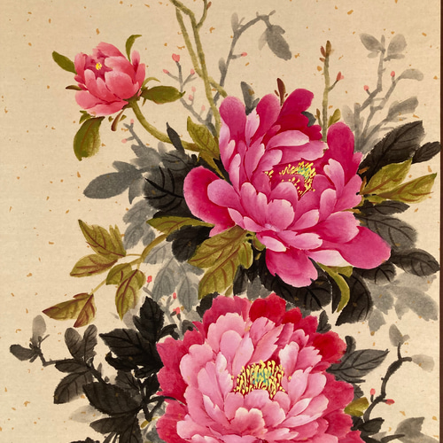 中国美術 アート 掛け軸 水彩画 牡丹 - メルカリ