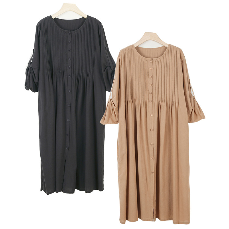 100%コットンワンピース　前後にタック付き長袖ワンピース　2色　フリーサイズ　L542