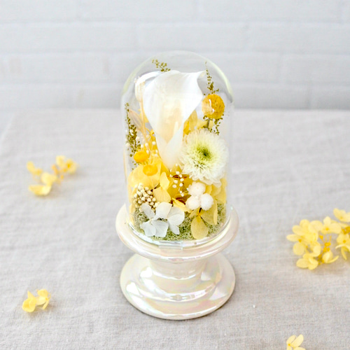 花束のようなガラスドーム Mサイズ高さ18㎝ 仏花ガラスドーム 黄色