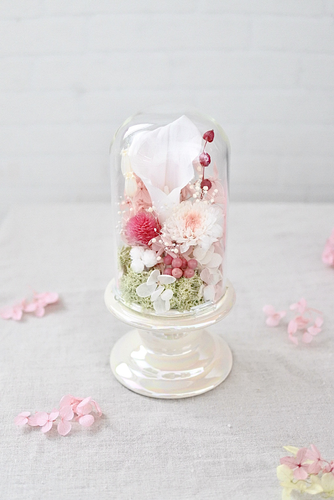 花束のようなガラスドーム Mサイズ高さ18㎝ 仏花ガラスドーム ピンク リリー　百合