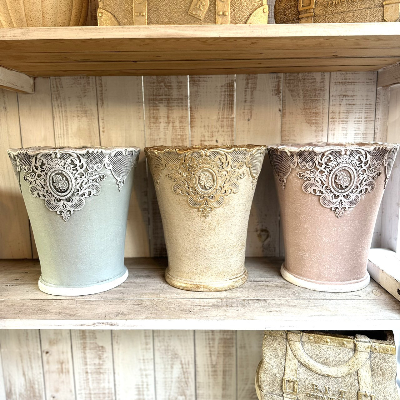 ローズレース フラワー 植木鉢 鉢 プランター グラスファイバー アイボリー ブルー ピンク 花柄 ガーデニング ロング