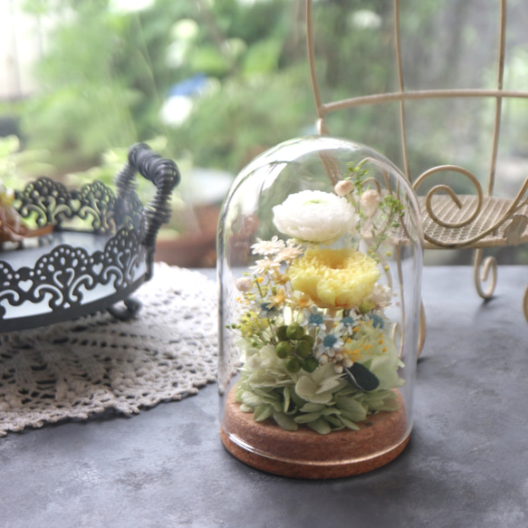 コルク瓶ガラスドーム＊可愛い和で・ホワイトイエロー【プリザーブド