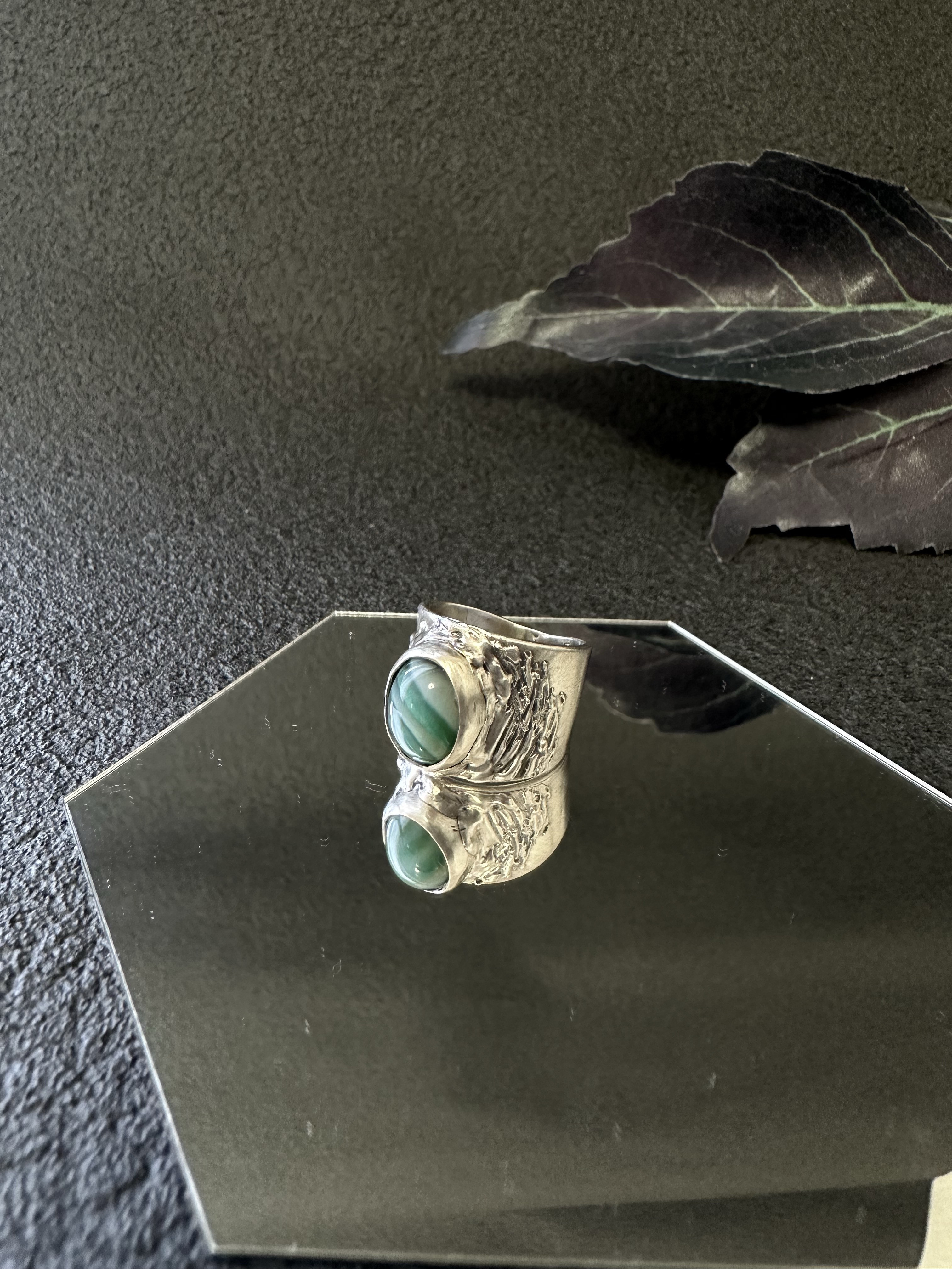 シルバーリング 幅広 レディース ごつめ 天然石 グリーンカルセドニー