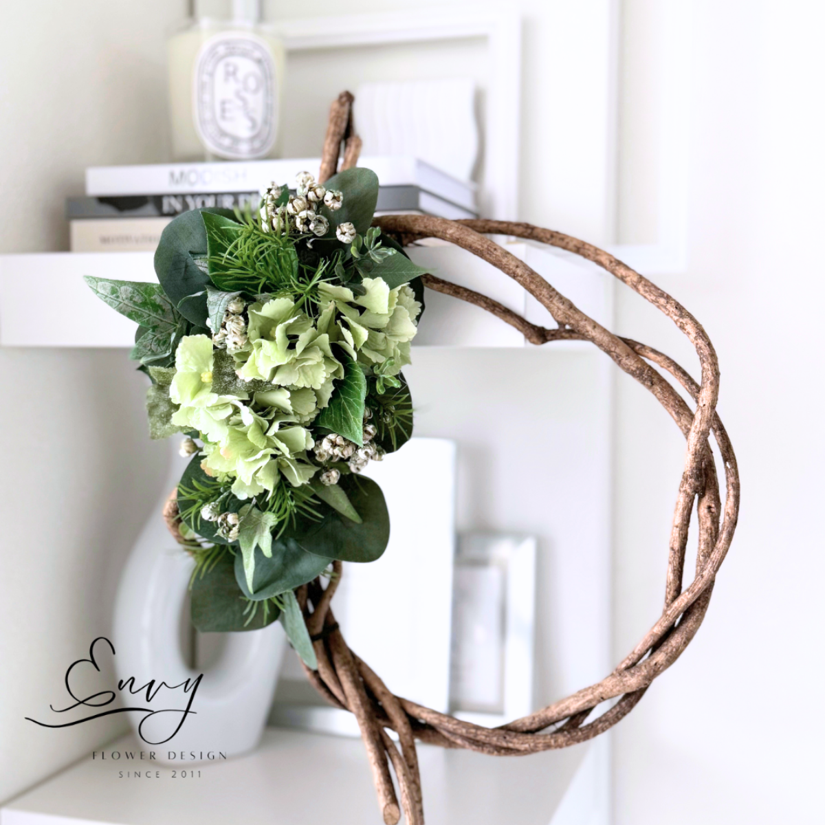 アーティフィシャルフラワー｜枯れないリース｜フェイクフラワー｜あじさいのリース｜玄関ドア｜おしゃれ造花｜ドライ風リース