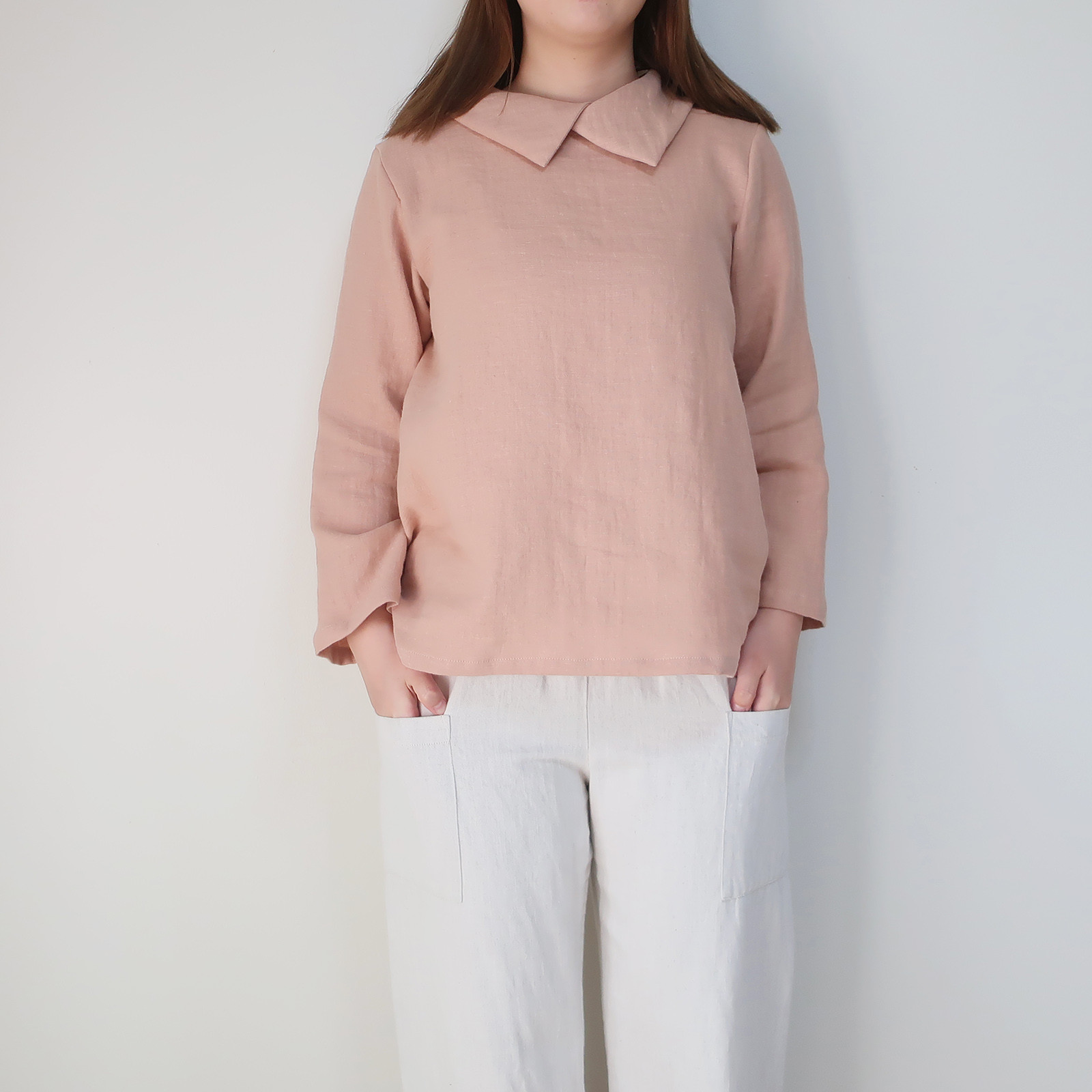 ダブルガーゼ　襟付き長袖ブラウス（ハーフリネン／全10色）