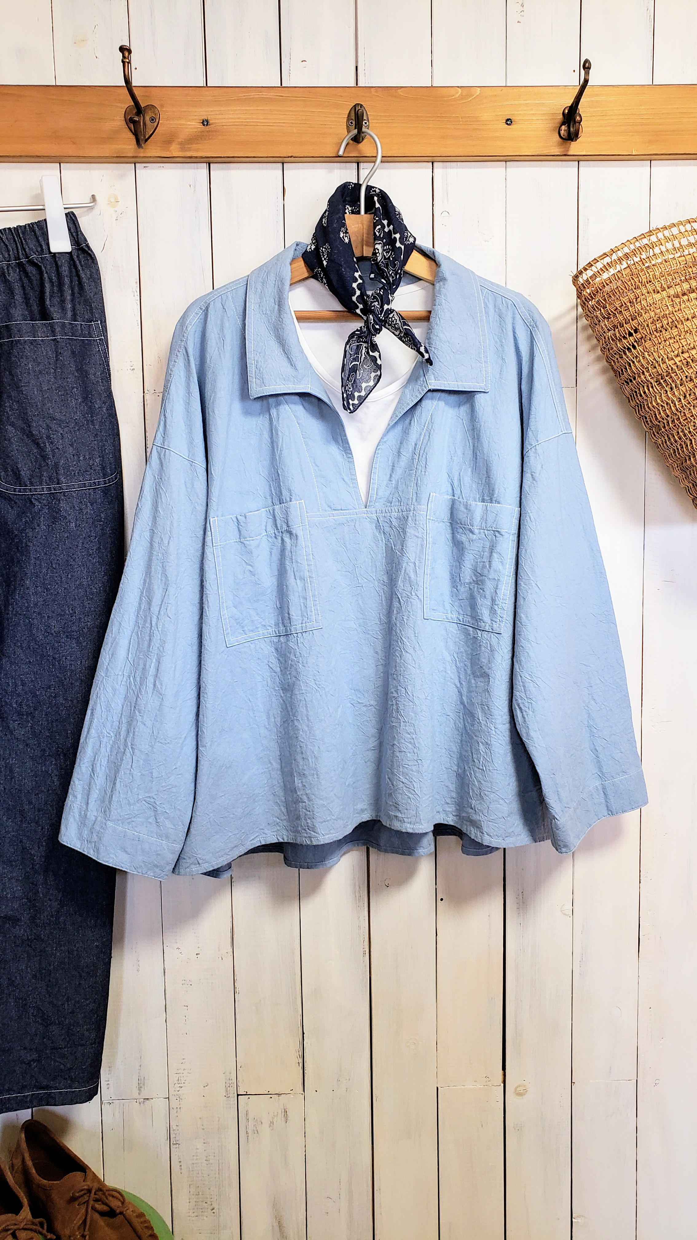 ハンドワッシャー水色　スキッパーシャツ ショート丈　S～6L