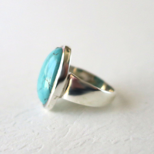 ターコイズ ブルー トルコ石 リング 大きめ 指輪 鏡面 フクリン留め