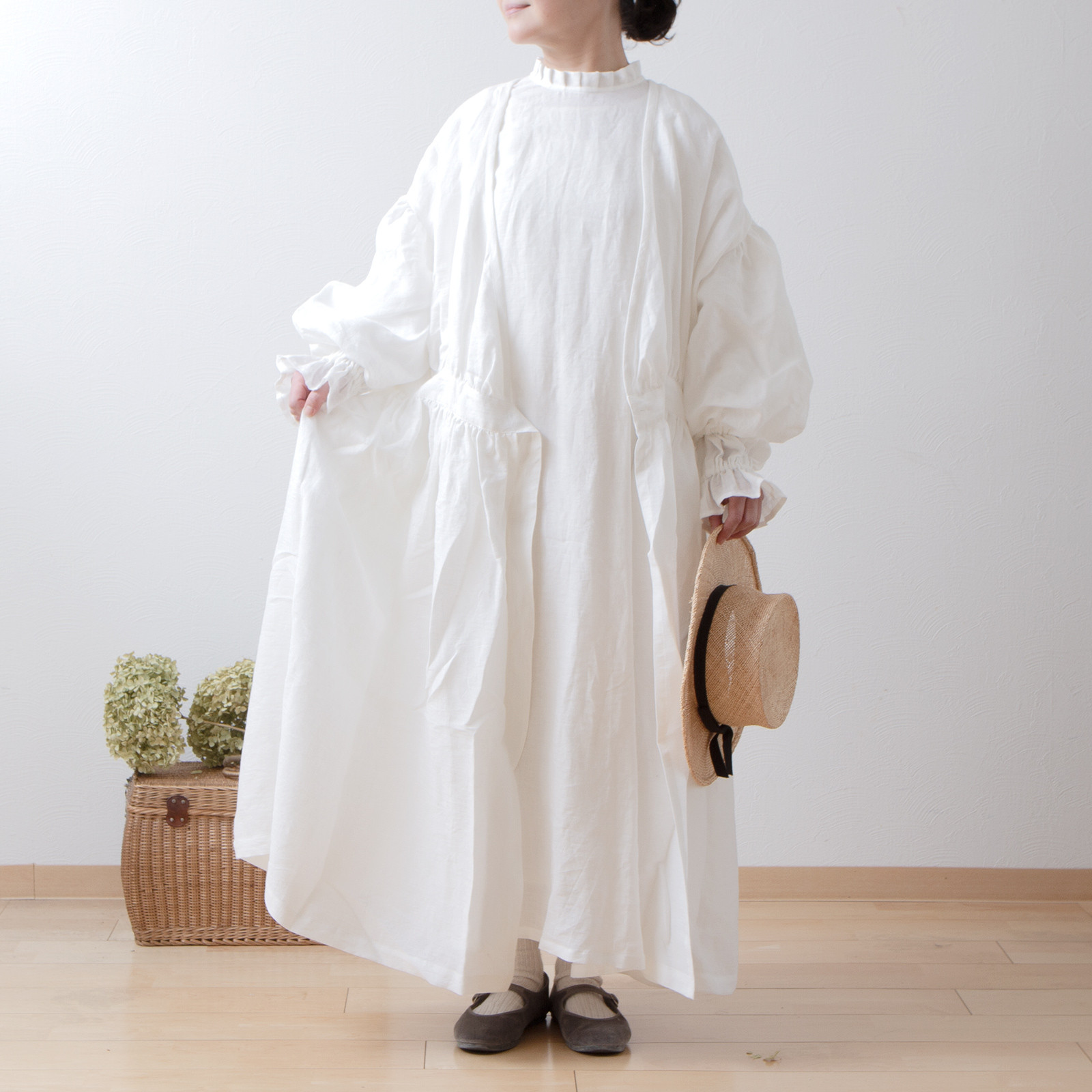 カシュクールギャザー2wayワンピース-フレンチリネン/オフホワイト